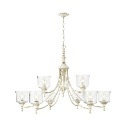 Golden Lighting Keating 44in 9-Light Chandelier | Country Farmhouse Antique Ivory and Hammered Water Glass | Dining Room | Model 0806-9 AI-HWG