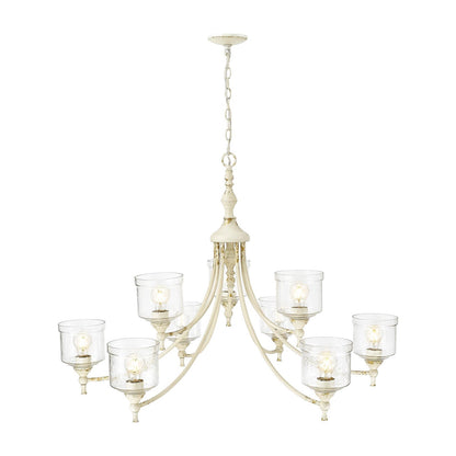 Golden Lighting Keating 44in 9-Light Chandelier | Country Farmhouse Antique Ivory and Hammered Water Glass | Dining Room | Model 0806-9 AI-HWG