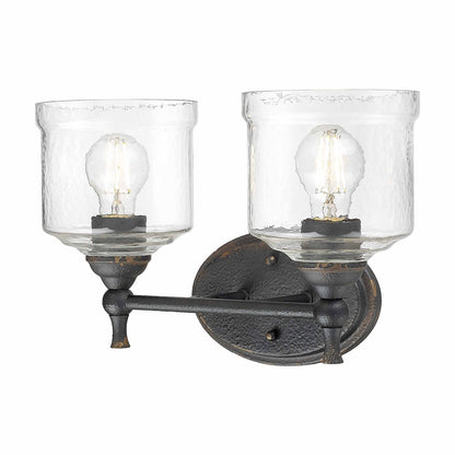 Golden Lighting Keating 15in 2-Light Vanity Light | Country Farmhouse Antique Black Iron and Hammered Water Glass | Bathroom | Model 0806-BA2 ABI-HWG