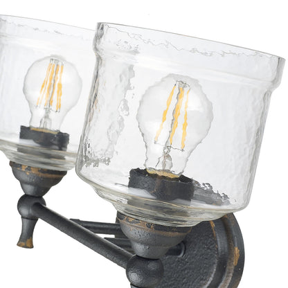 Golden Lighting Keating 15in 2-Light Vanity Light | Country Farmhouse Antique Black Iron and Hammered Water Glass | Bathroom | Model 0806-BA2 ABI-HWG