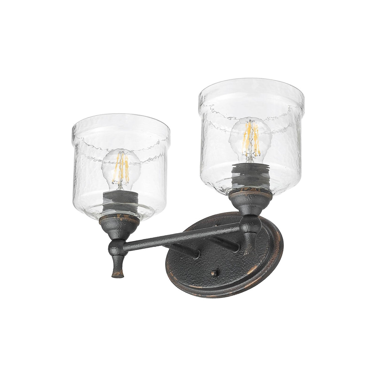 Golden Lighting Keating 15in 2-Light Vanity Light | Country Farmhouse Antique Black Iron and Hammered Water Glass | Bathroom | Model 0806-BA2 ABI-HWG