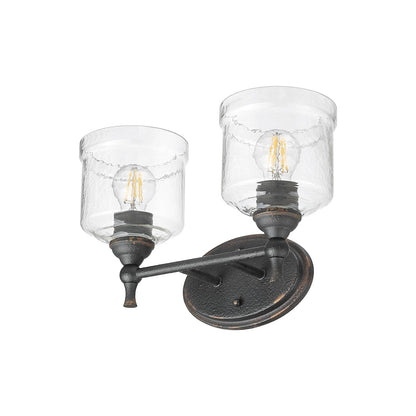 Golden Lighting Keating 15in 2-Light Vanity Light | Country Farmhouse Antique Black Iron and Hammered Water Glass | Bathroom | Model 0806-BA2 ABI-HWG