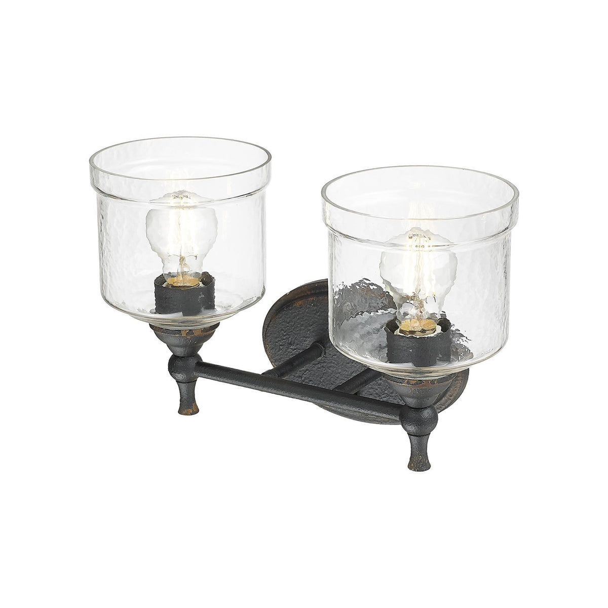 Golden Lighting Keating 15in 2-Light Vanity Light | Country Farmhouse Antique Black Iron and Hammered Water Glass | Bathroom | Model 0806-BA2 ABI-HWG