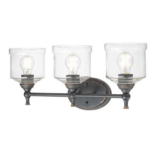 Golden Lighting Keating 24in 3-Light Vanity Light | Country Farmhouse Antique Black Iron and Hammered Water Glass | Bathroom | Model 0806-BA3 ABI-HWG