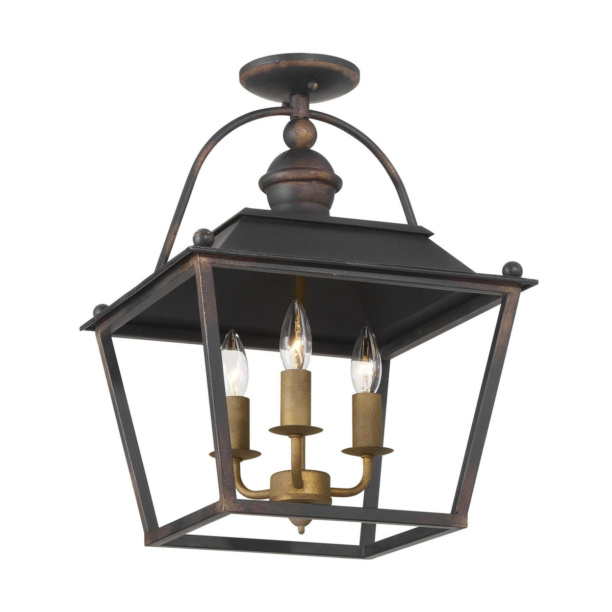 Golden Lighting Christoff 3-Light Semi-Flush Mount | Traditional Antique Black Iron Lantern | Foyer & Bedroom Ceiling Light | Model 0888-SF ABI
