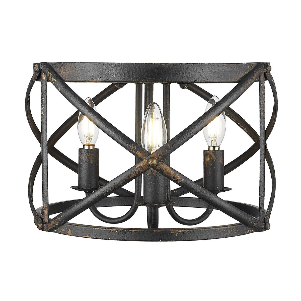 Golden Lighting Alcott 15in 3-Light Flush Mount | Farmhouse Antique Black Iron Steel | Hallway & Bathroom | 15 x 15 x 9.25 in | Model 0890-FM ABI