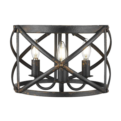 Golden Lighting Alcott 15in 3-Light Flush Mount | Farmhouse Antique Black Iron Steel | Hallway & Bathroom | 15 x 15 x 9.25 in | Model 0890-FM ABI
