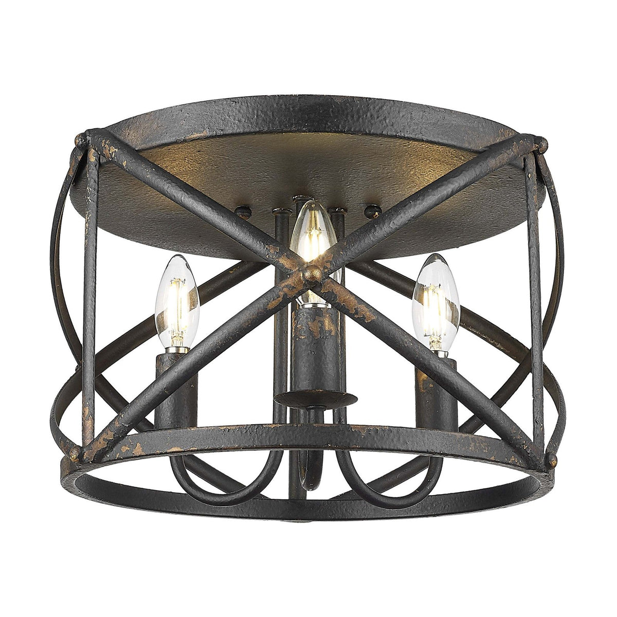 Golden Lighting Alcott 15in 3-Light Flush Mount | Farmhouse Antique Black Iron Steel | Hallway & Bathroom | 15 x 15 x 9.25 in | Model 0890-FM ABI