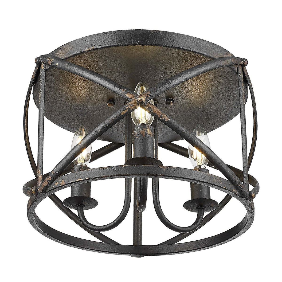 Golden Lighting Alcott 15in 3-Light Flush Mount | Farmhouse Antique Black Iron Steel | Hallway & Bathroom | 15 x 15 x 9.25 in | Model 0890-FM ABI