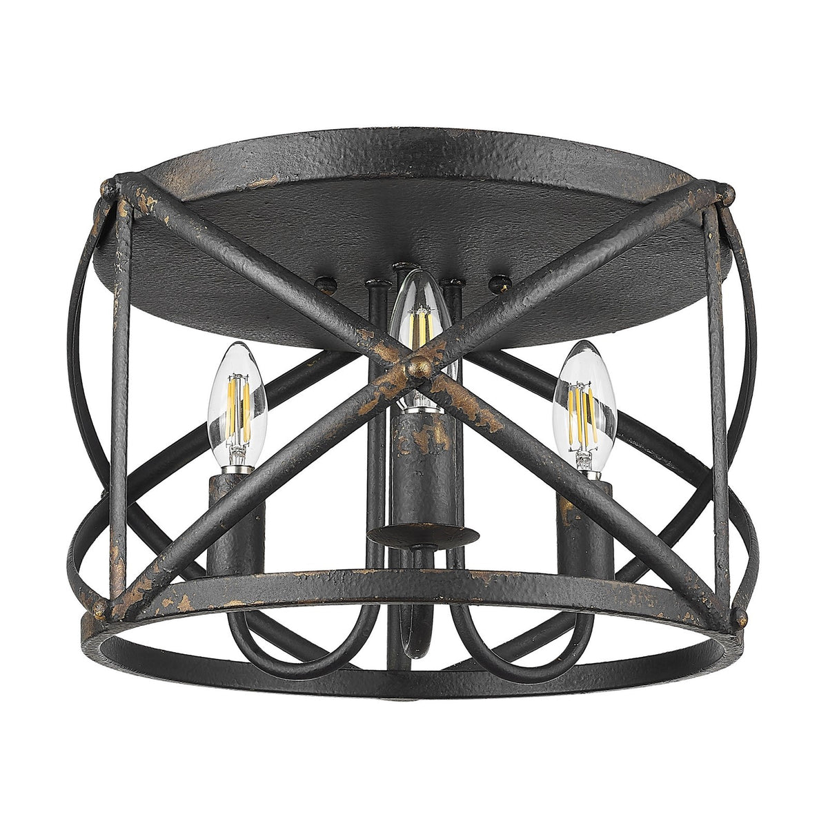 Golden Lighting Alcott 15in 3-Light Flush Mount | Farmhouse Antique Black Iron Steel | Hallway & Bathroom | 15 x 15 x 9.25 in | Model 0890-FM ABI
