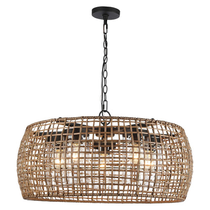 Golden Lighting Piper 27in 5-Light Outdoor Pendant | Bohemian Natural Black and Maple All-Weather Wicker | Covered Patio | Model 1067-O5P NB-MAW