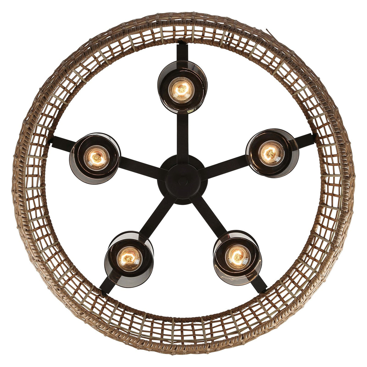 Golden Lighting Piper 27in 5-Light Outdoor Pendant | Bohemian Natural Black and Maple All-Weather Wicker | Covered Patio | Model 1067-O5P NB-MAW