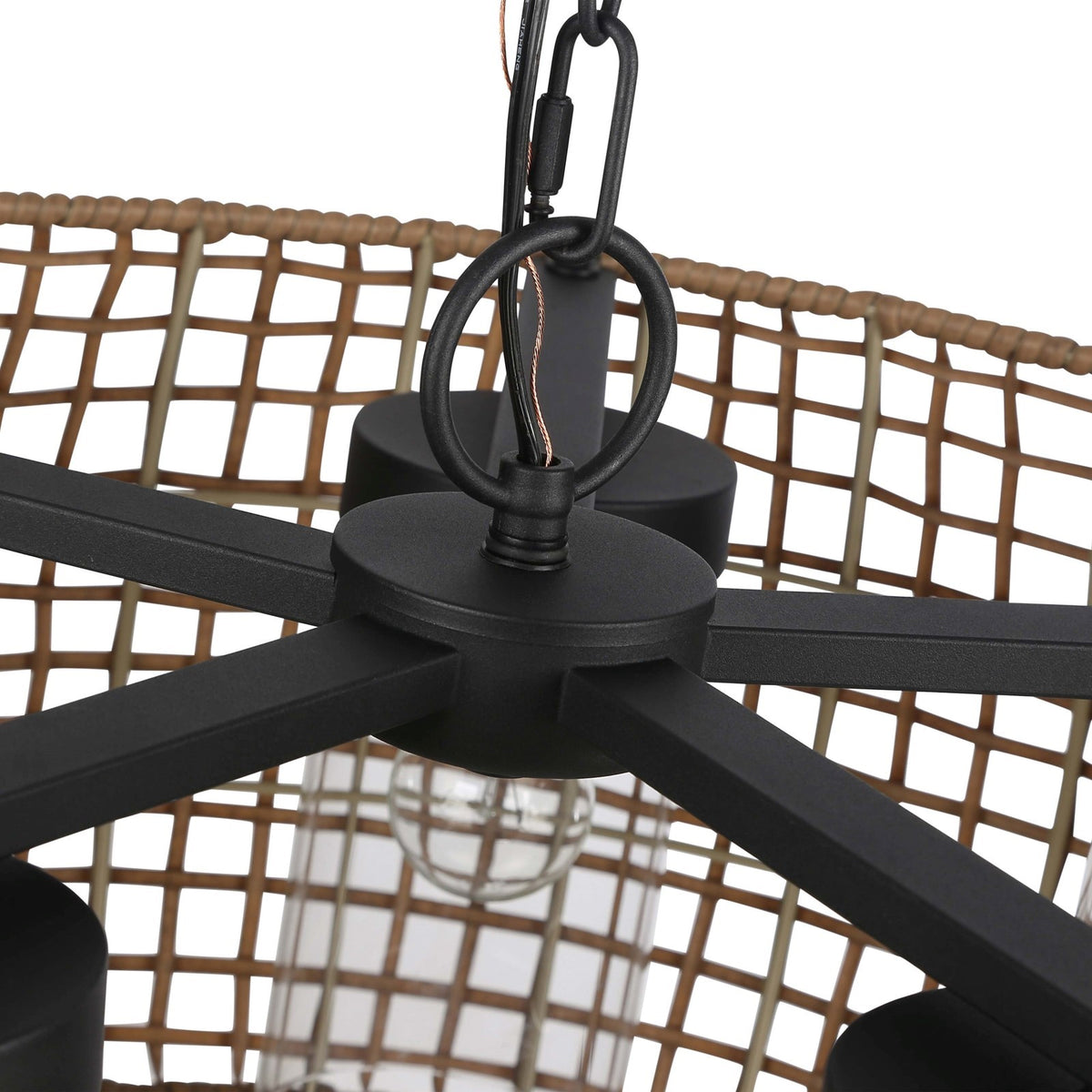 Golden Lighting Piper 27in 5-Light Outdoor Pendant | Bohemian Natural Black and Maple All-Weather Wicker | Covered Patio | Model 1067-O5P NB-MAW