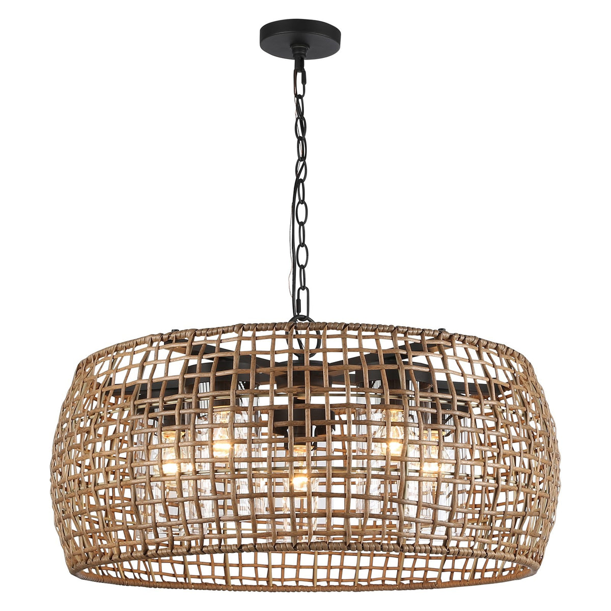 Golden Lighting Piper 27in 5-Light Outdoor Pendant | Bohemian Natural Black and Maple All-Weather Wicker | Covered Patio | Model 1067-O5P NB-MAW