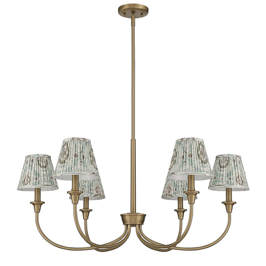 Golden Lighting Cambria 33.25in 6-Light Chandelier | Transitional Brushed Champagne Brass and Aqua Verde Fabric | Dining Room | Model 1622-6 BCB-HGA
