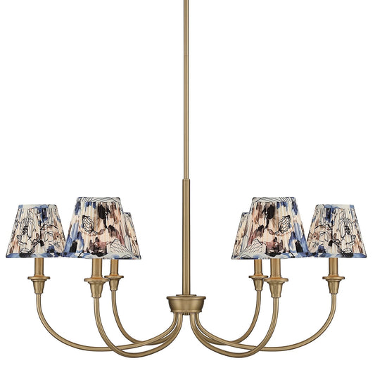 Golden Lighting Cambria 33in 6-Light Chandelier | Transitional Brushed Champagne Brass and Blue Poppy Fabric | Dining Room | Model 1622-6 BCB-HGB
