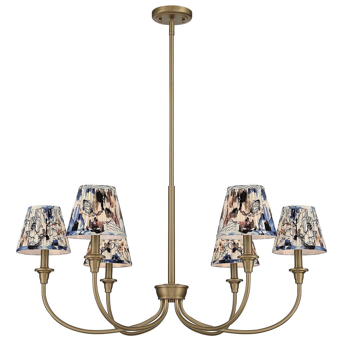 Golden Lighting Cambria 33in 6-Light Chandelier | Transitional Brushed Champagne Brass and Blue Poppy Fabric | Dining Room | Model 1622-6 BCB-HGB