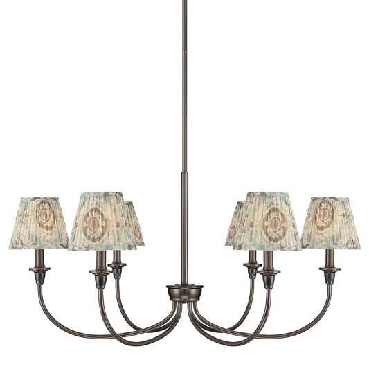 Golden Lighting Cambria 33in 6-Light Chandelier | Transitional Oil Rubbed Bronze and Hand Gathered Aqua Verde Fabric | Dining | Model 1622-6 ORB-HGA