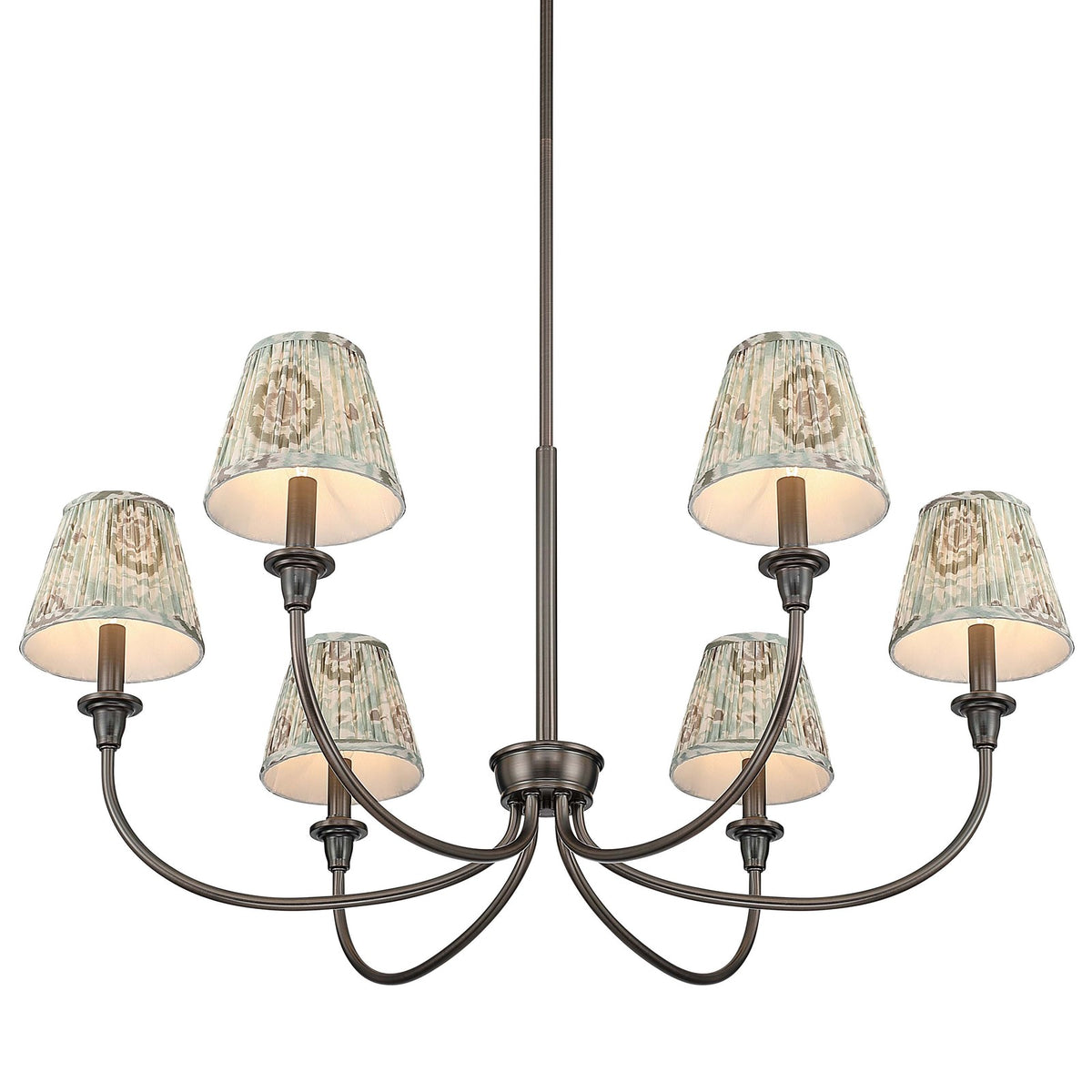 Golden Lighting Cambria 33in 6-Light Chandelier | Transitional Oil Rubbed Bronze and Hand Gathered Aqua Verde Fabric | Dining | Model 1622-6 ORB-HGA