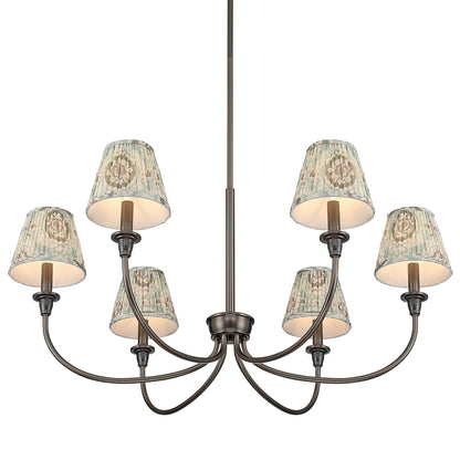 Golden Lighting Cambria 33in 6-Light Chandelier | Transitional Oil Rubbed Bronze and Hand Gathered Aqua Verde Fabric | Dining | Model 1622-6 ORB-HGA