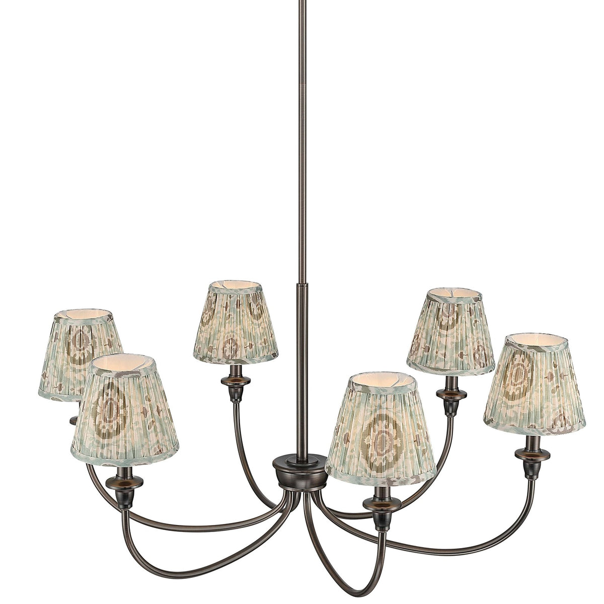 Golden Lighting Cambria 33in 6-Light Chandelier | Transitional Oil Rubbed Bronze and Hand Gathered Aqua Verde Fabric | Dining | Model 1622-6 ORB-HGA