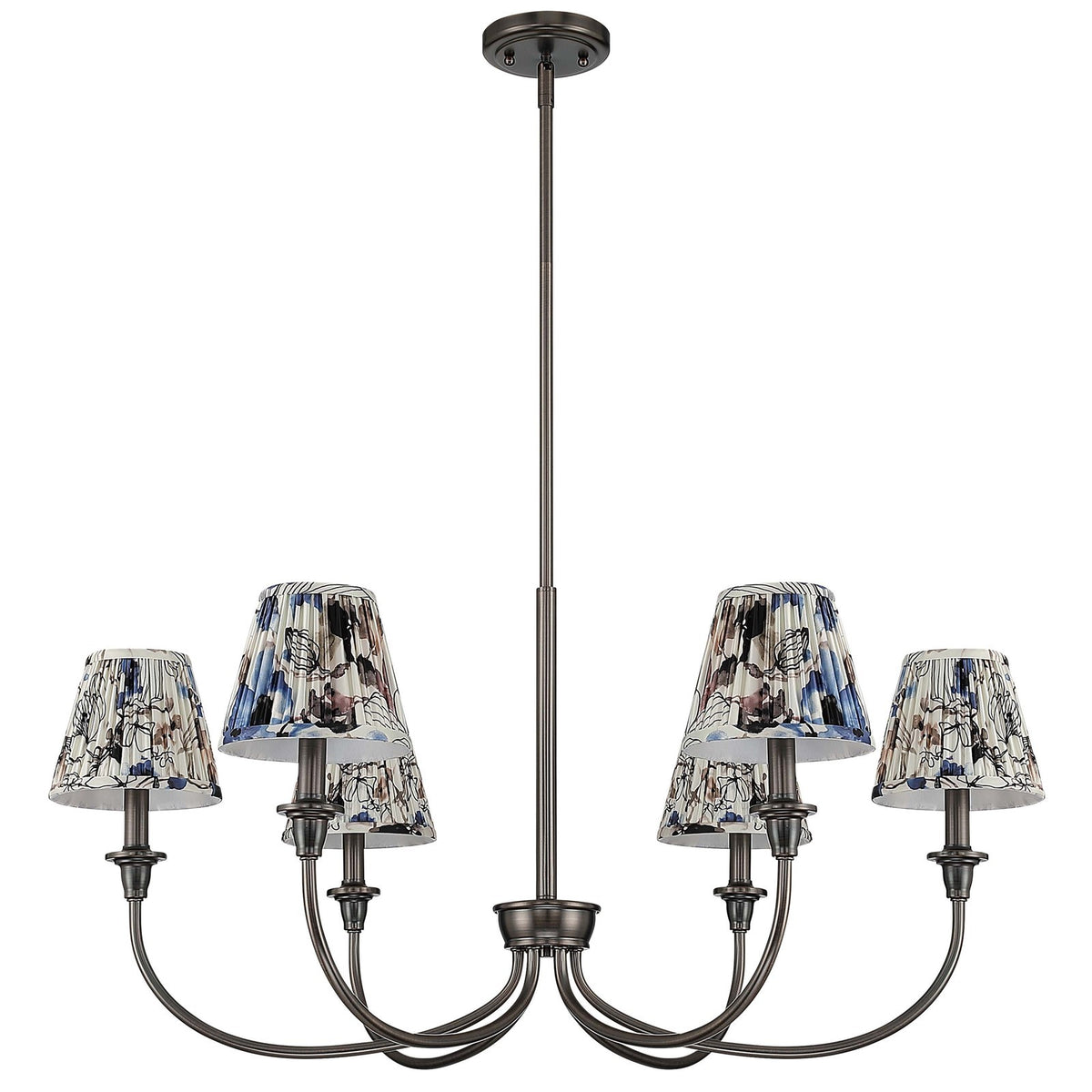 Golden Lighting Cambria 33in 6-Light Chandelier | Transitional Oil Rubbed Bronze and Blue Poppy Fabric | Dining Room & Foyer | Model 1622-6 ORB-HGB