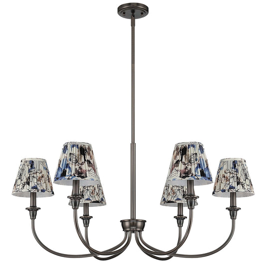 Golden Lighting Cambria 33in 6-Light Chandelier | Transitional Oil Rubbed Bronze and Blue Poppy Fabric | Dining Room & Foyer | Model 1622-6 ORB-HGB
