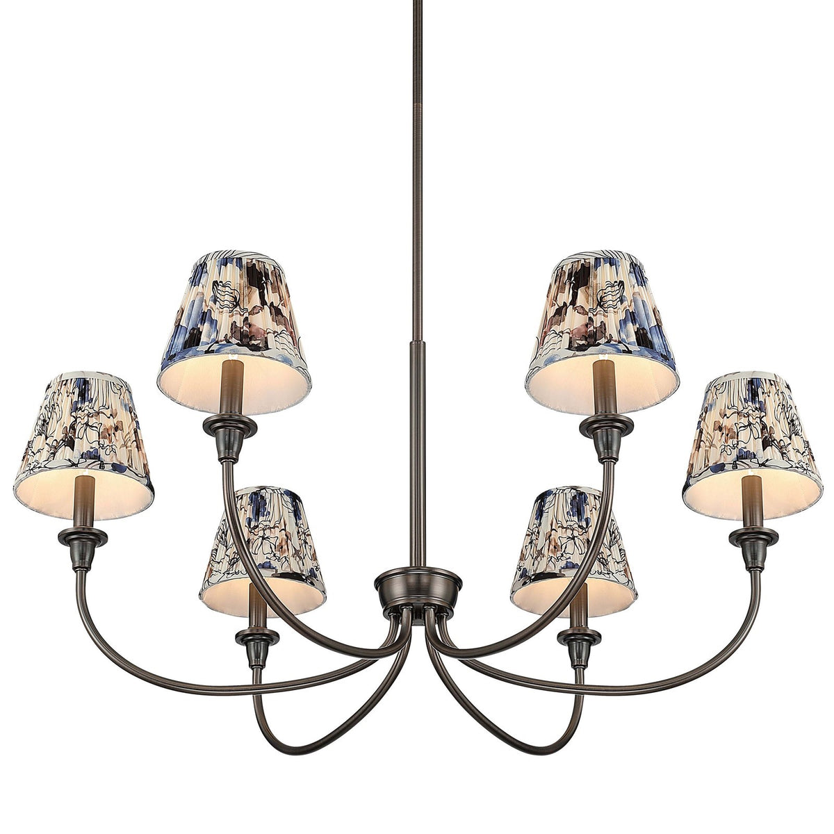 Golden Lighting Cambria 33in 6-Light Chandelier | Transitional Oil Rubbed Bronze and Blue Poppy Fabric | Dining Room & Foyer | Model 1622-6 ORB-HGB