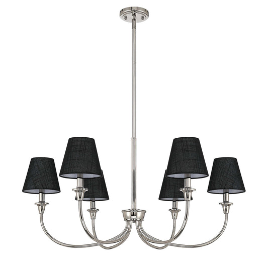 Golden Lighting Cambria 33.25in 6-Light Chandelier | Transitional Polished Nickel and Empire Hardback Black Fabric | Dining | Model 1622-6 PN-EHB