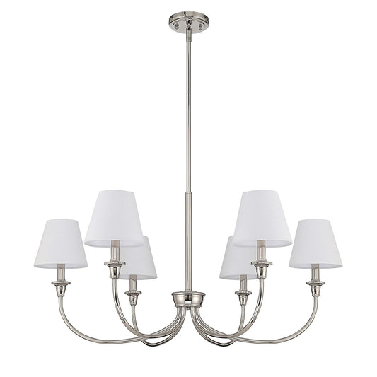 Golden Lighting Cambria 33in 6-Light Chandelier | Transitional Polished Nickel and White Fabric | Dining Room & Foyer | Model 1622-6 PN-EHW