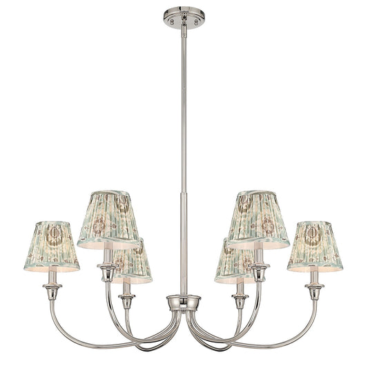 Golden Lighting Cambria 33in 6-Light Chandelier | Transitional Polished Nickel and Aqua Verde Fabric | Dining Room & Foyer | Model 1622-6 PN-HGA