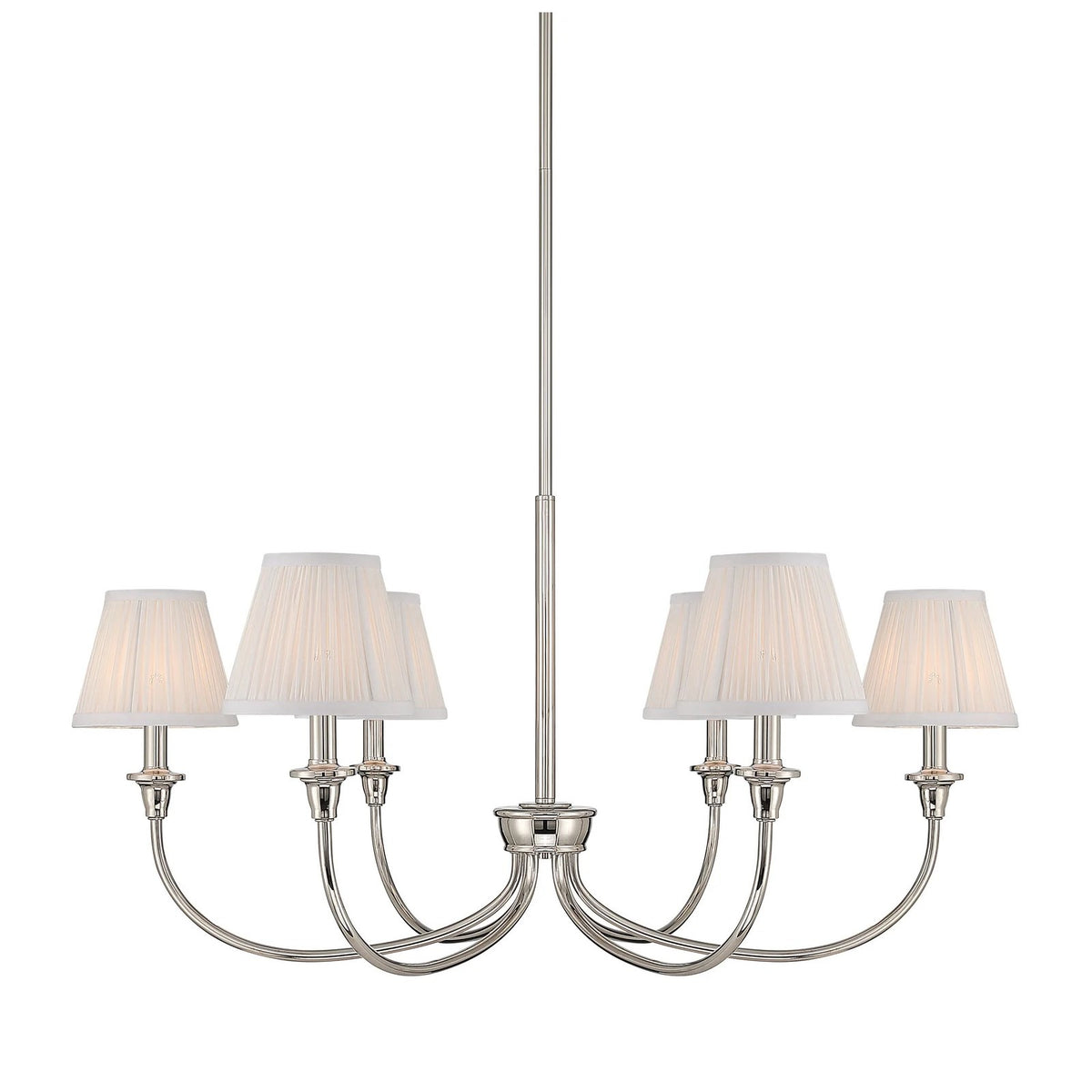 Golden Lighting Cambria 33in 6-Light Chandelier | Transitional Polished Nickel and Hand-Gathered White Fabric | Dining Room | Model 1622-6 PN-HGW