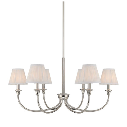 Golden Lighting Cambria 33in 6-Light Chandelier | Transitional Polished Nickel and Hand-Gathered White Fabric | Dining Room | Model 1622-6 PN-HGW