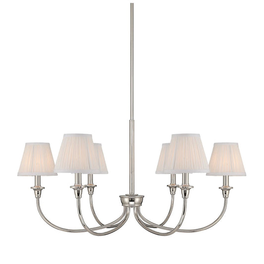 Golden Lighting Cambria 33in 6-Light Chandelier | Transitional Polished Nickel and Hand-Gathered White Fabric | Dining Room | Model 1622-6 PN-HGW