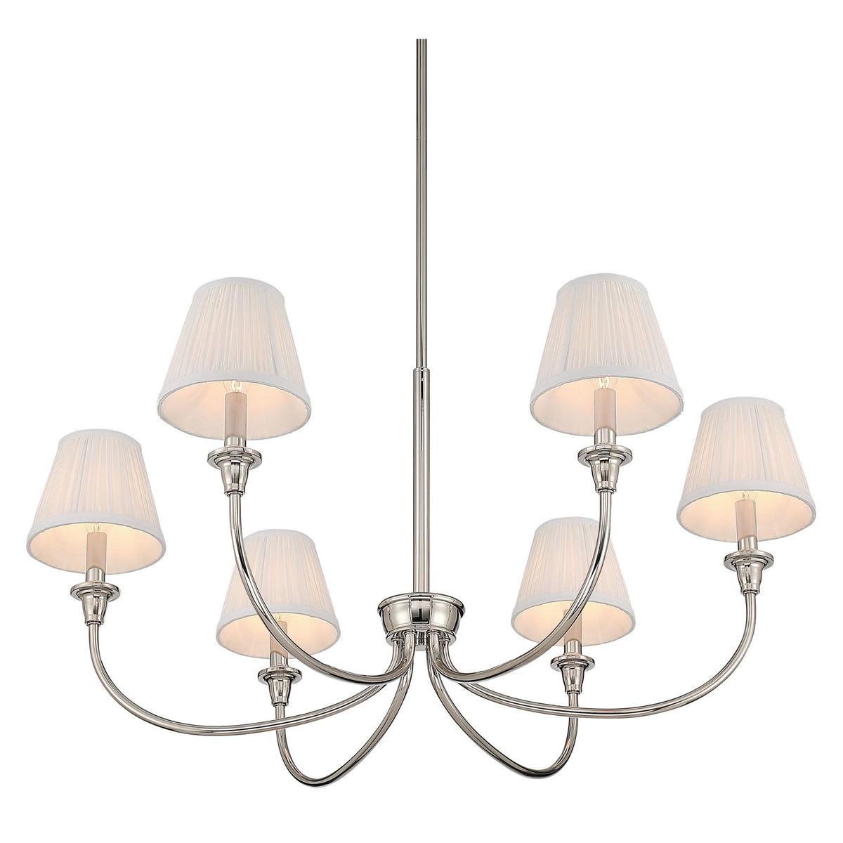 Golden Lighting Cambria 33in 6-Light Chandelier | Transitional Polished Nickel and Hand-Gathered White Fabric | Dining Room | Model 1622-6 PN-HGW