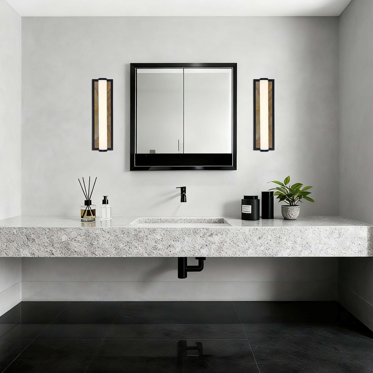 Golden Lighting Stratum 18in LED Vanity Light | Modern Matte Black and Moon Rock Stone | Bathroom & Powder Room | Model 1672-BA18 BLK-MR
