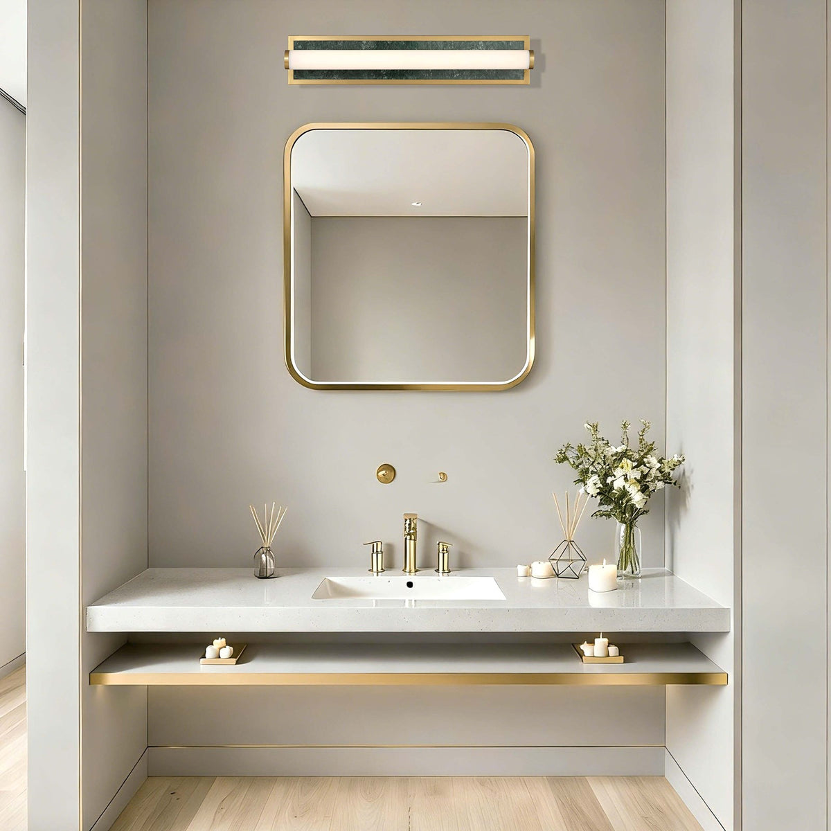 Golden Lighting Stratum 24in LED Vanity Light | Modern Brushed Champagne Brass and Persian Green Marble | Bathroom & Powder | Model 1672-BA24 BCB-PRG