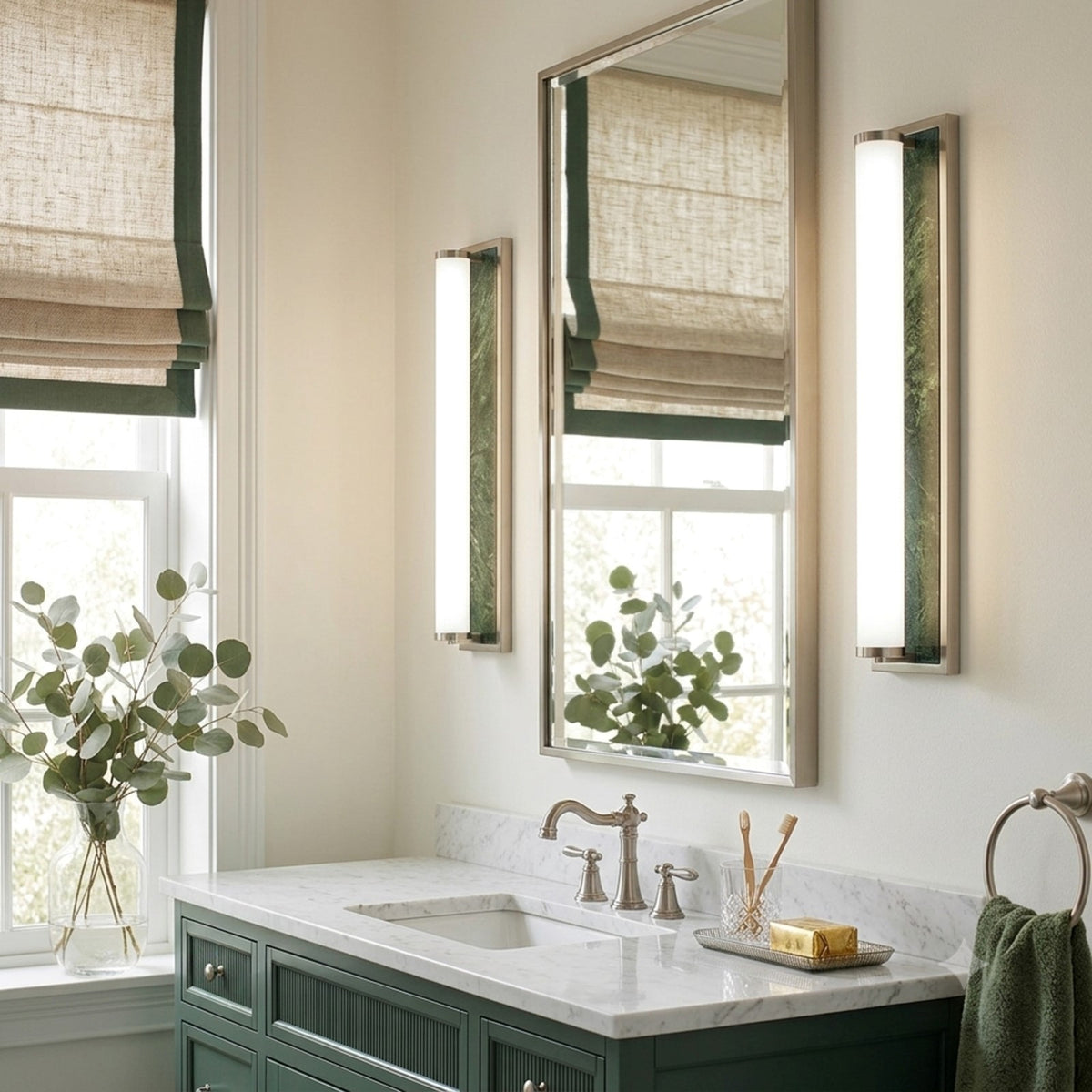 Golden Lighting Stratum 24in Integrated LED Vanity Light | Modern Brushed Nickel and Persian Green Marble | Bathroom | Model 1672-BA24 BN-PRG