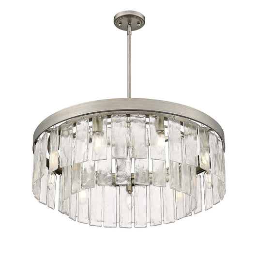 Golden Lighting Ciara 27in 9-Light Chandelier | Glam Peruvian Silver and Hammered Water Glass | Dining Room & Foyer | Model 1768-9 PS-HWG