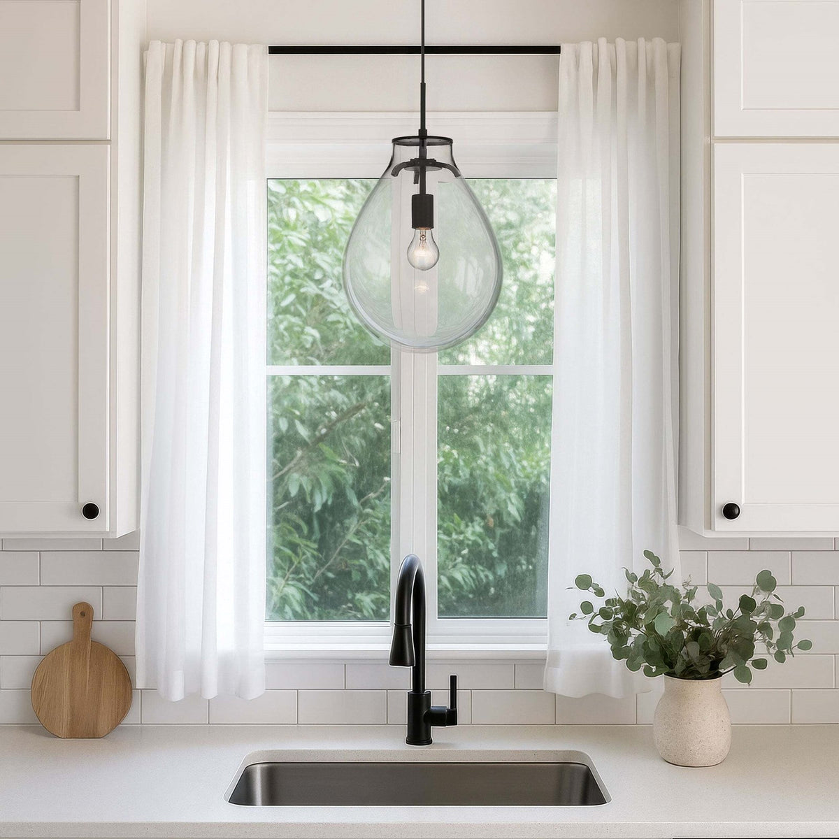 Golden Lighting Drop 12in 1-Light Pendant | Modern Matte Black and Clear Glass | Kitchen Island & Dining Room | Model 2088-12P BLK-CLR