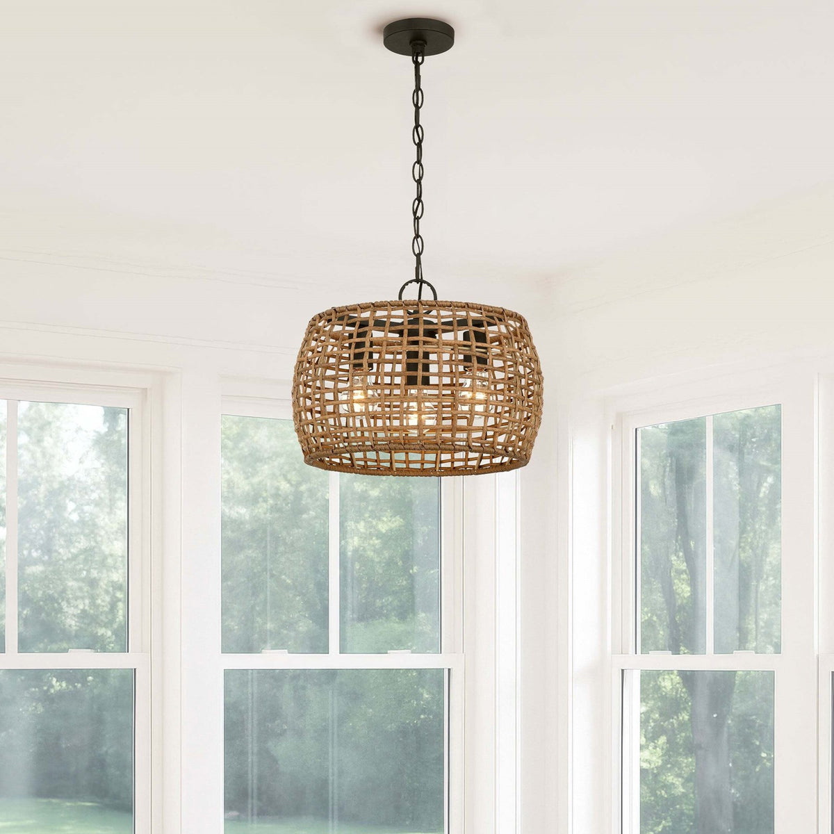 Golden Lighting WeaveLight 16in 3-Light Pendant | Bohemian Natural Black and Maple All-Weather Wicker | Kitchen & Dining Room | Model 3000-3P NB-MAW