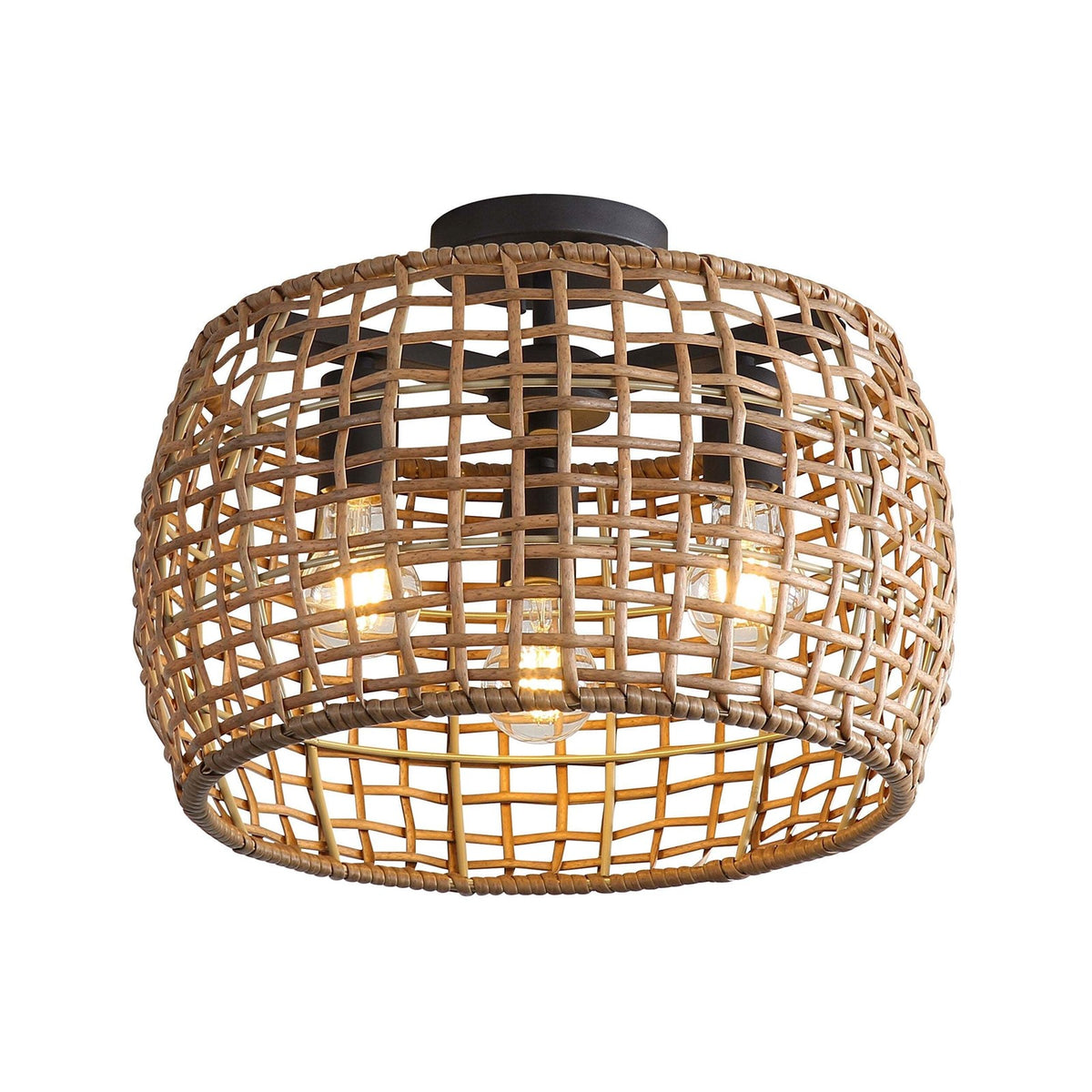 Golden Lighting WeaveLight 16in 3-Light Semi-Flush Mount | Bohemian Natural Black and Maple All-Weather Wicker | Entryway | Model 3000-3SF NB-MAW