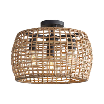 Golden Lighting WeaveLight 16in 3-Light Semi-Flush Mount | Bohemian Natural Black and Maple All-Weather Wicker | Entryway | Model 3000-3SF NB-MAW