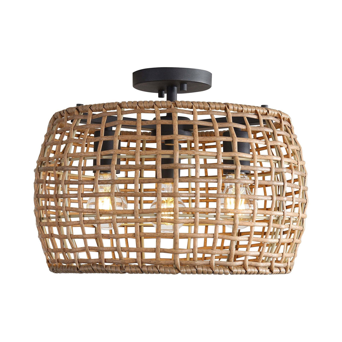 Golden Lighting WeaveLight 16in 3-Light Semi-Flush Mount | Bohemian Natural Black and Maple All-Weather Wicker | Entryway | Model 3000-3SF NB-MAW