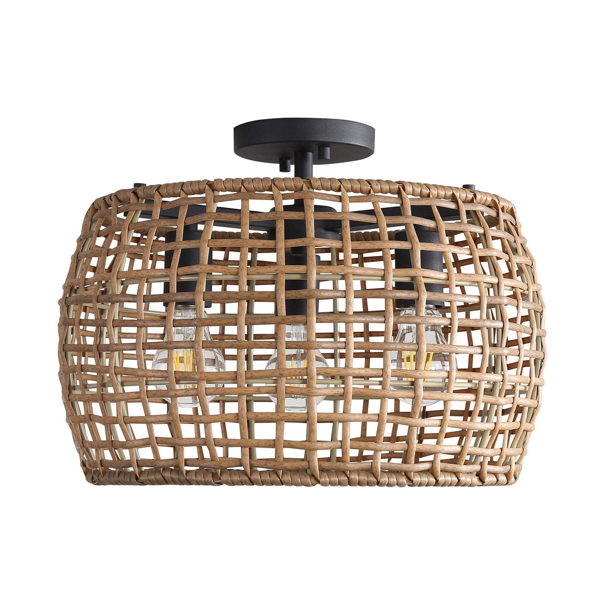 Golden Lighting WeaveLight 16in 3-Light Semi-Flush Mount | Bohemian Natural Black and Maple All-Weather Wicker | Entryway | Model 3000-3SF NB-MAW