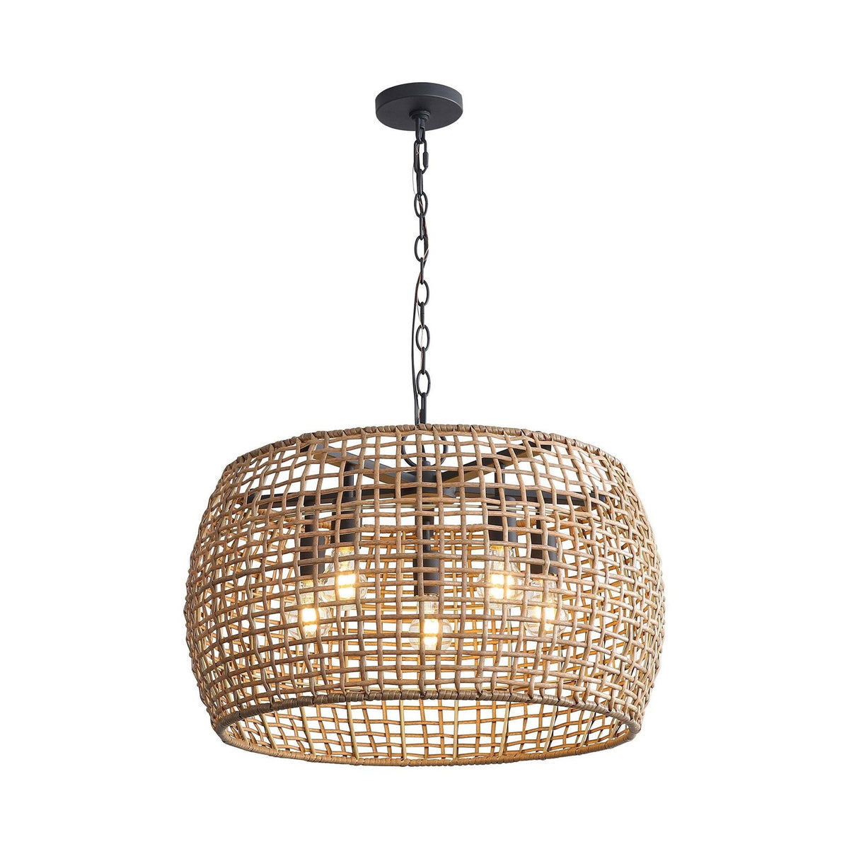 Golden Lighting Weavelight 24in 5-Light Pendant | Bohemian Natural Black and Maple All-Weather Wicker | Kitchen Island | Model 3000-5P NB-MAW