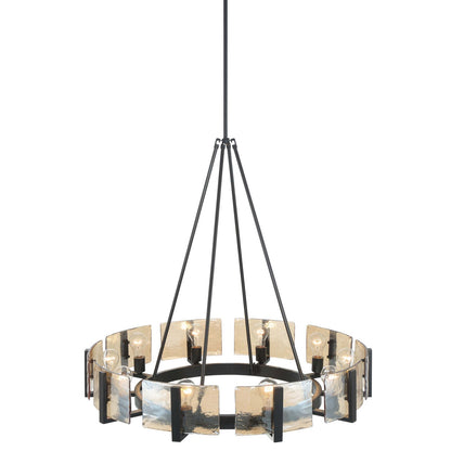 Golden Lighting Aenon 36in 10-Light Chandelier | Rustic Matte Black and Amber Water Glass | Dining Room & Foyer | Model 3164-10 BLK-AWG