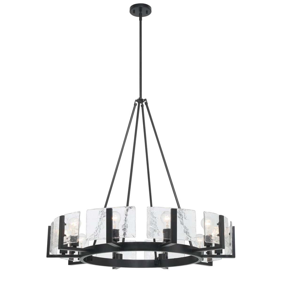 Golden Lighting Aenon 36in 10-Light Chandelier | Rustic Matte Black and Hammered Water Glass | Dining Room & Foyer | Model 3164-10 BLK-HWG