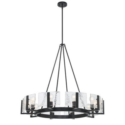 Golden Lighting Aenon 36in 10-Light Chandelier | Rustic Matte Black and Hammered Water Glass | Dining Room & Foyer | Model 3164-10 BLK-HWG
