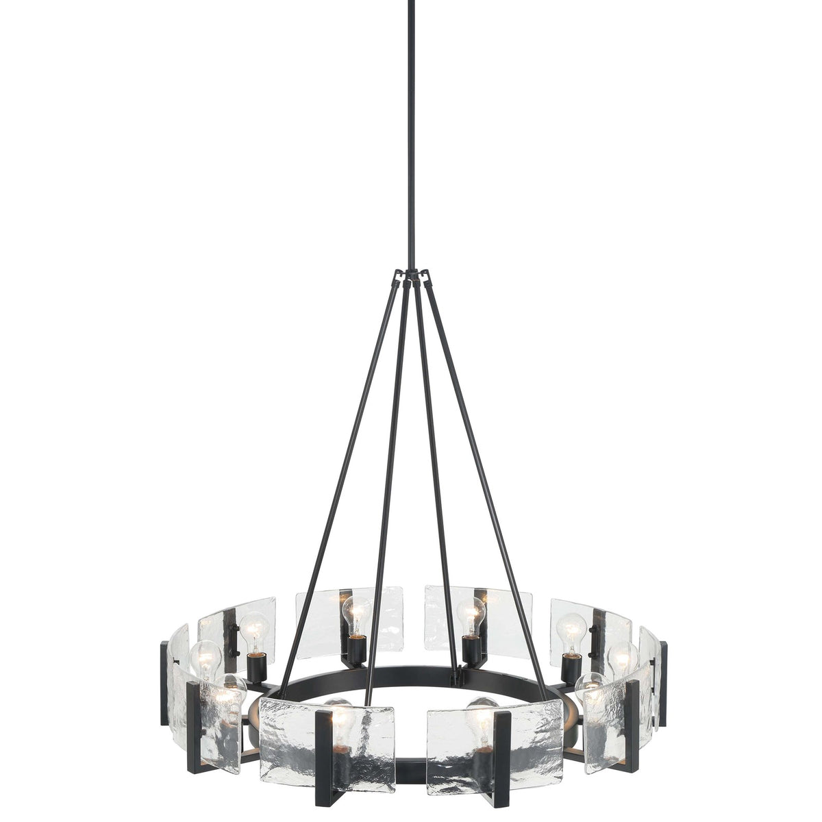 Golden Lighting Aenon 36in 10-Light Chandelier | Rustic Matte Black and Hammered Water Glass | Dining Room & Foyer | Model 3164-10 BLK-HWG